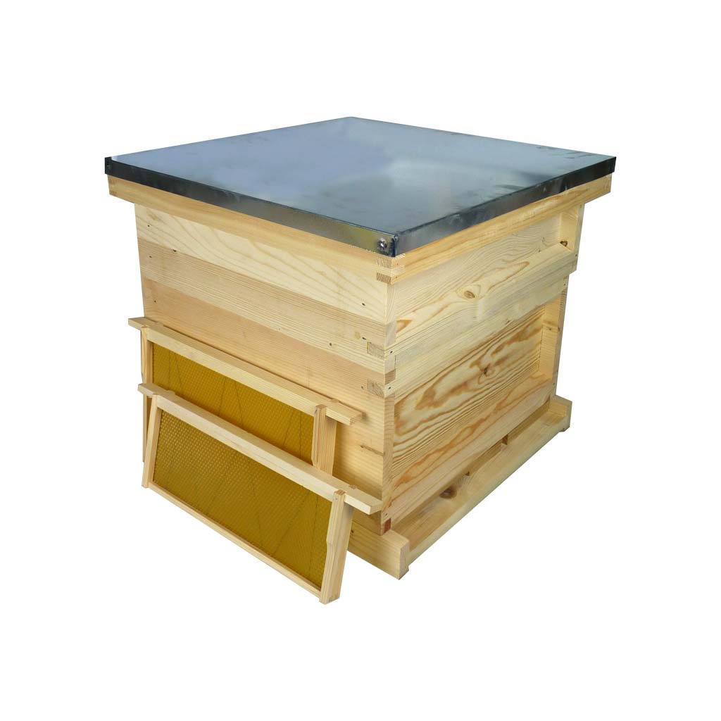National Hive Kit - Flat Pine Brood Box and Super, Assembled Roof and Floor with flat Frames and Wax Foundation