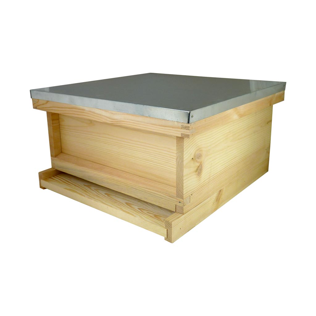 National Flat Pine Brood Box, Assembled Roof and Floor, with flat Frames and Wax Foundation
