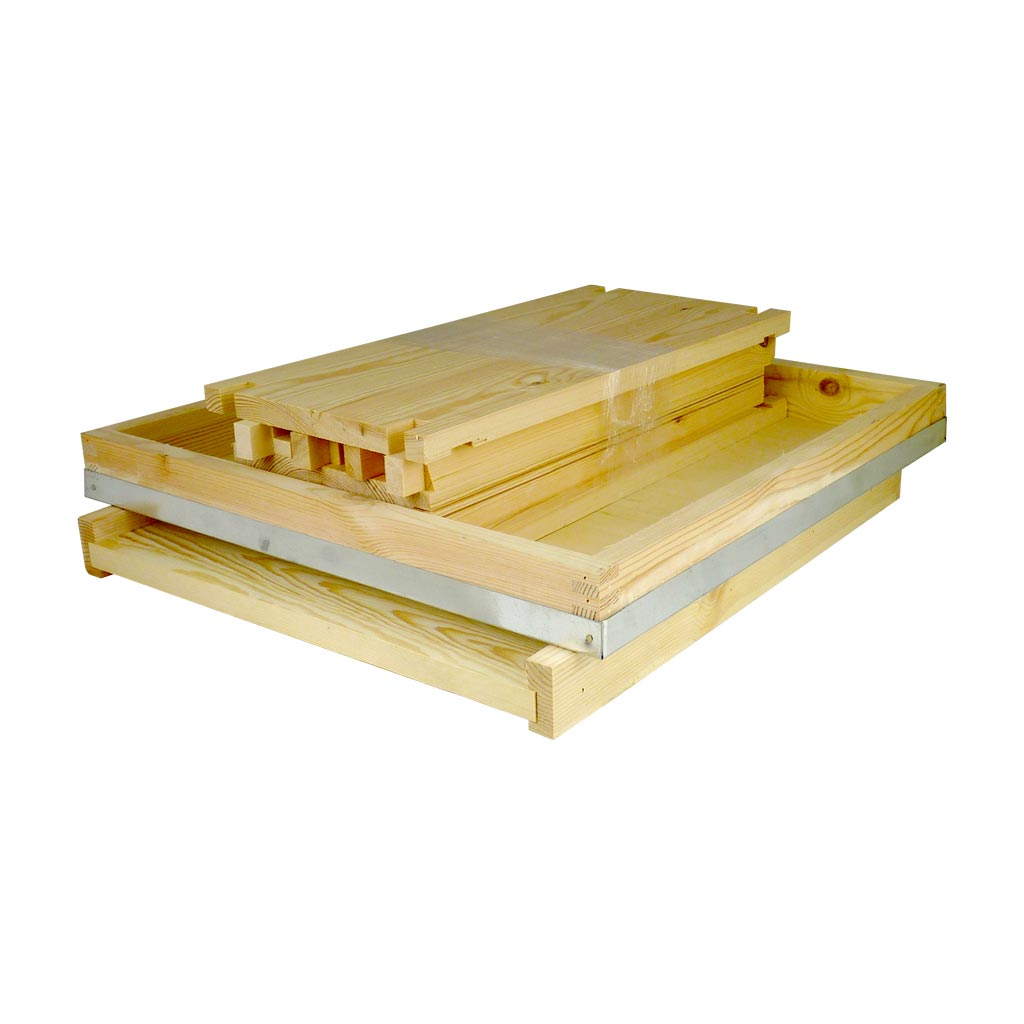 National Flat Pine Brood Box, Assembled Roof and Floor, with flat Frames and Wax Foundation